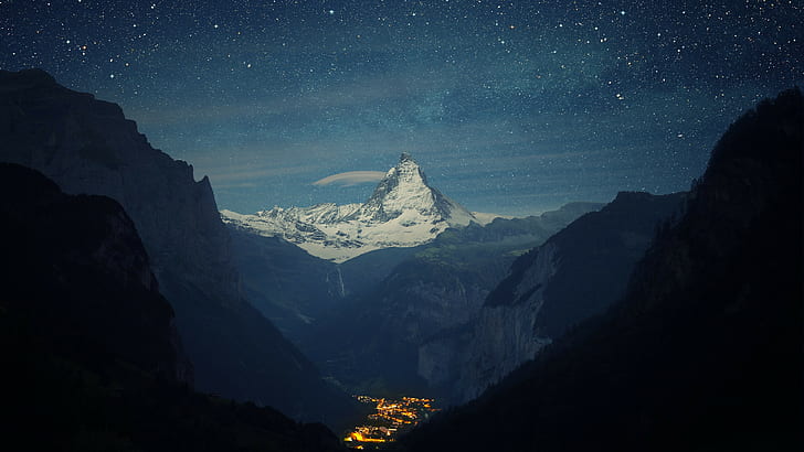 snow, Switzerland, space, town, mountains, Matterhorn, clouds, lights, stars, nature, winter, valley, sky, night, landscape, HD wallpaper