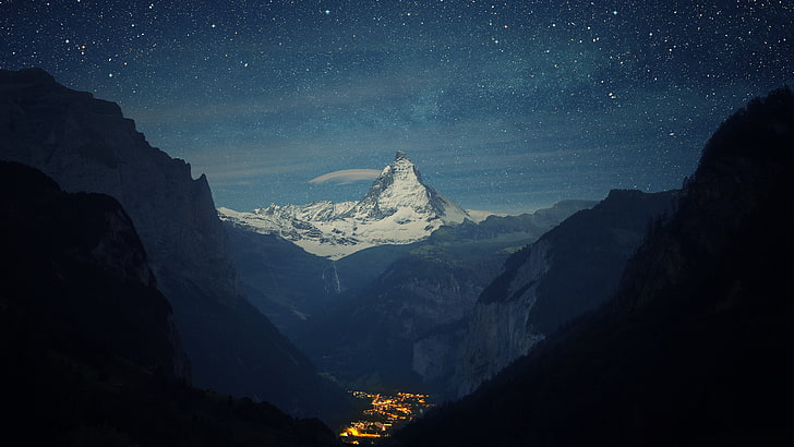 montaña negra, nieve, invierno, luces, noche, estrellas, paisaje, montañas, ciudad, espacio, Matterhorn, cielo, valle, Suiza, nubes, naturaleza, Fondo de pantalla HD