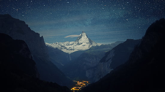 black mountain, snow, winter, lights, night, stars, landscape, mountains, town, space, Matterhorn, sky, valley, Switzerland, clouds, nature, HD wallpaper HD wallpaper