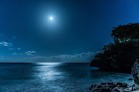 плаж, синьо, Карибите, остров, пейзаж, Луна, лунна светлина, природа, море, Звездна нощ, HD тапет HD wallpaper