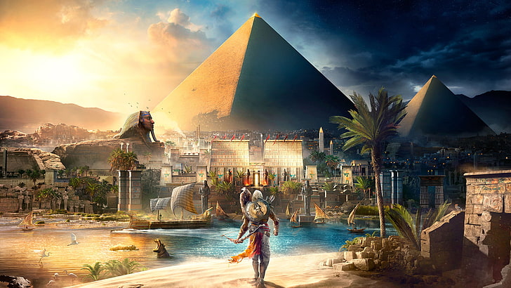 Assasin's Creed, Assassin's Creed, Egipto, Pirámides de Giza, Bayek, águila, Ubisoft, paisaje, barco, río, Nilo, videojuegos, sphynx, Assassin's Creed: Origins, Fondo de pantalla HD