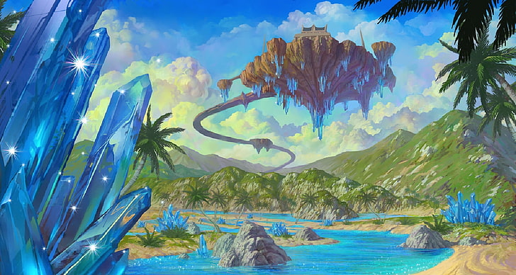 floating island painting, road, clouds, landscape, river, palm trees, hills, crystals, lineage 2, flying island, HD wallpaper