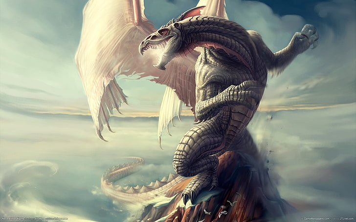 wyvern on mountain wallpaper, dragon, scales, neverwinter nights, HD wallpaper