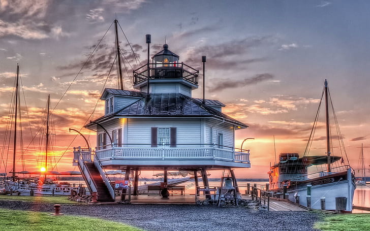 Hooper Strait Lighthouse, lovely, harbor, boats, sunset, animals, HD wallpaper