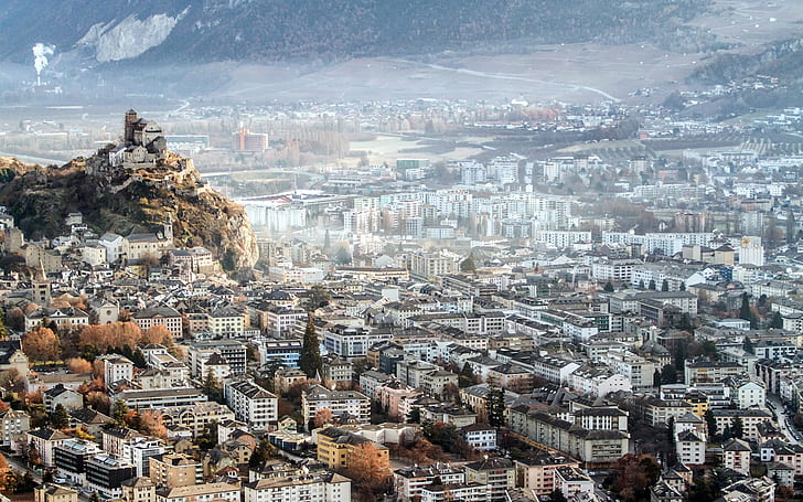 Sion, İsviçre, şehir üstten görünüm, Sion, İsviçre, Şehir, Üst, Görünüm, HD masaüstü duvar kağıdı