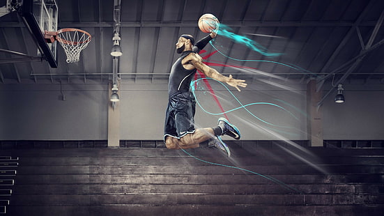 バスケットボール、ジャンプ、レブロンジェームズ、 HDデスクトップの壁紙 HD wallpaper