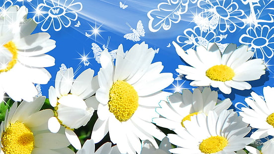Sombras de camomila, flores brancas, persona do firefox, estrelas, camomila, fumaça, flores, primavera, seda, brilhos, brilho, verão, sombras, HD papel de parede HD wallpaper
