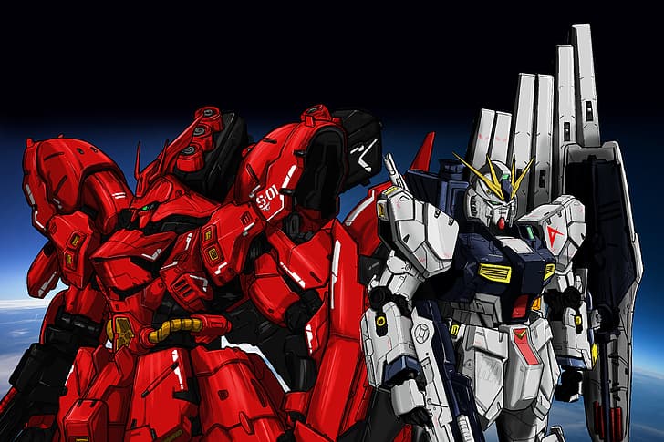 аниме, робот, Gundam, Mobile Suit Gundam Char's Counterattack, Super Robot Wars, Nu Gundam, Rx-93 v Gundam, Sazabi, фен арт, произведения на изкуството, цифрово изкуство, HD тапет