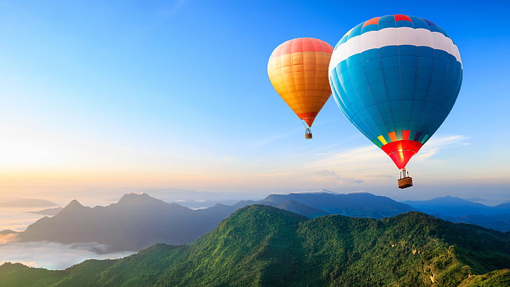 two hot air balloon near mountains during daytime, Hot Air Balloons, Ride, Mountains, Sky, HD wallpaper