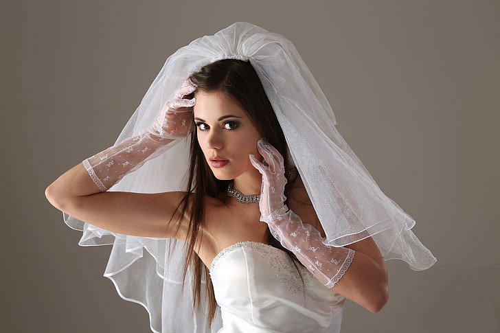 women's white wedding veil, face, dress, gloves, the bride, veil, Little Caprice, HD wallpaper