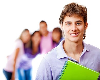 Herren lila Polo-Shirt, Student, Mann, Notebook, Studie, weißer Hintergrund, HD-Hintergrundbild HD wallpaper