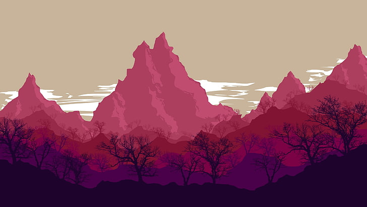 silhouette d'arbres dénudés et illustration de montagnes roses, montagnes, art numérique, œuvres d'art, arbres, rose, ciel, nature, nuages, Fond d'écran HD