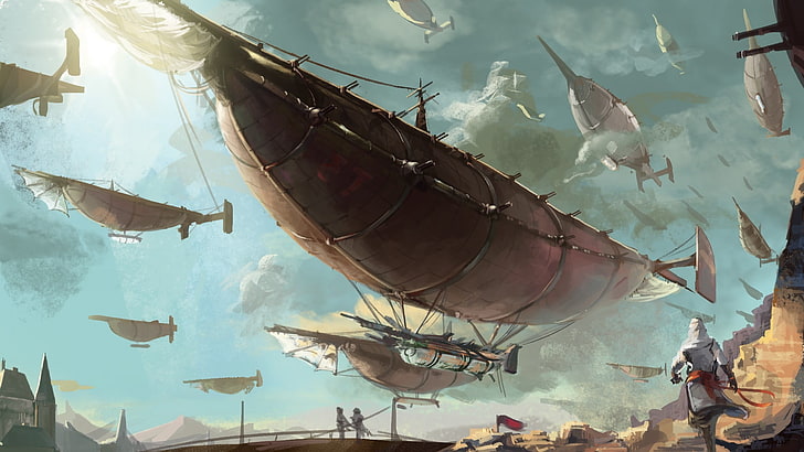 Adegan permainan Assassin's Creed, seni fantasi, seni digital, kapal udara, Wallpaper HD