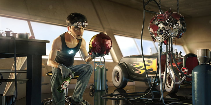 Тони Старк държи илюстрация на маска на Iron Man, робот, бира, гараж, очила, железен човек, чудо, Masia, Robert Downey ml, HD тапет