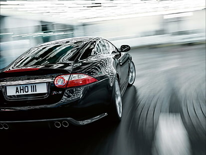 Jaguar Xkr S, hareket, parlama, siyah, xkr s, hız, ışıltı, jaguar, araba, HD masaüstü duvar kağıdı HD wallpaper