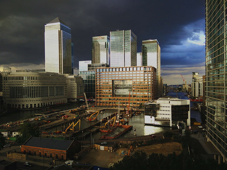 buildings, canary wharf, city, construction, construction site, earth movers, high rises, london, HD wallpaper