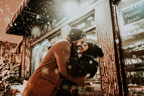 kiss, cold, weather, couple, love, man, people, woman, HD wallpaper HD wallpaper
