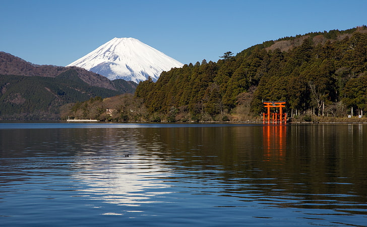 Ashinoko Gölü, su kütlesi ve Mt.Fuji, Asya, Japonya, Doğa, Dağ, Göl, Kar, Hakone, Fuji, Kapı, Torii, ashi, ashinoko, fujisan, fujiyama, lakeashi, mountfuji, nihon, nippon, şintoizm, HD masaüstü duvar kağıdı