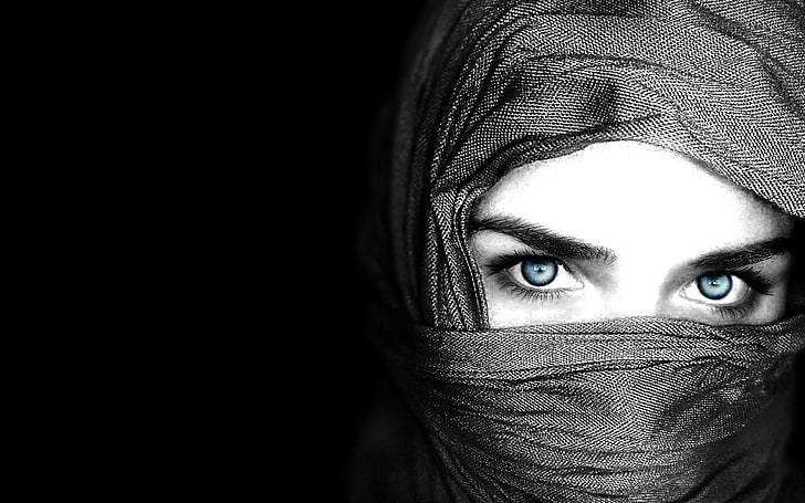 women's hijab headdress, eyes, face, black background, HD wallpaper