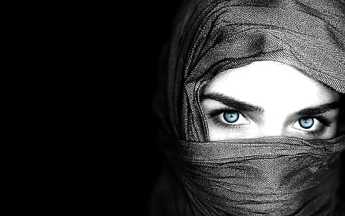 غطاء رأس حجاب نسائي ، عيون ، وجه ، خلفية سوداء، خلفية HD HD wallpaper