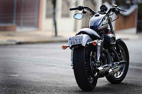 Niebiesko-czarny motocykl cafe racer, moto, harley, harley davidson 883, Tapety HD HD wallpaper