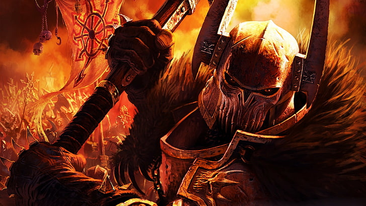 armored warrior holding weapon digital wallpaper, Chaos, fire, red, war, helmet, eyes, Warhammer, WH40K, HD wallpaper