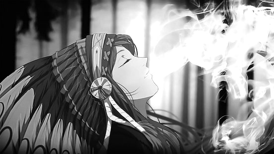 девушка аниме характер иллюстрации, аниме девушки, дым, головной убор, монохромный, аниме, закрытые глаза, коренные американцы, HD обои HD wallpaper