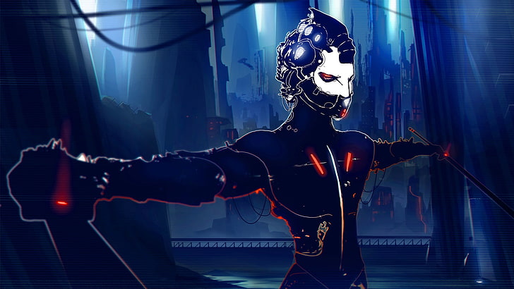 ilustrasi robot hitam, karya seni, seni fantasi, cyborg, cyberpunk, futuristik, Wallpaper HD