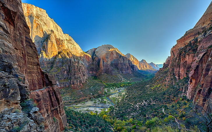gunung coklat, pemandangan, Taman Nasional Zion, lembah, sungai, pegunungan, Wallpaper HD