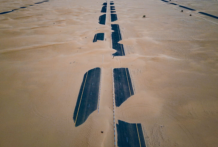 sandstorms, United Arab Emirates, sand, highway, Dubai, desert, road, HD wallpaper