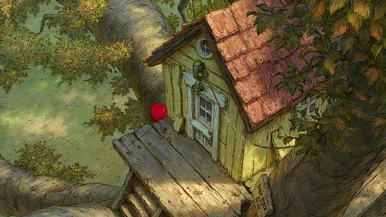 Винни-Пух, домик на дереве, Рисование воздушных шаров HD, мультфильм / комикс, рисунок, дерево, дом, воздушный шар, пух, Винни, HD обои HD wallpaper