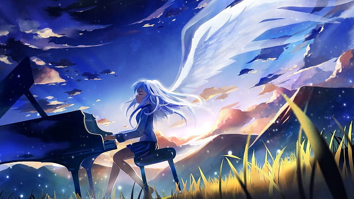 планини облаци крила пиано ангел бие дълга коса тачибана канаде затворени очи бели коси аниме гир Природа планини HD изкуство, облаци, планини, HD тапет