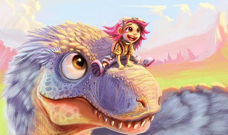 Fantasy, Child, Dinosaur, Little Boy, Pink Hair, HD wallpaper