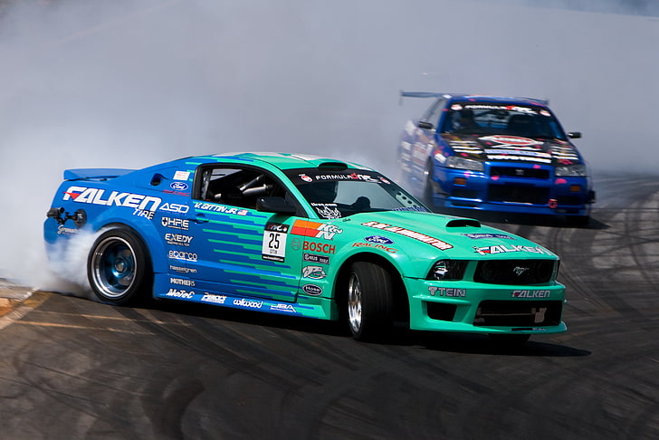 teal and blue Ford Mustang coupe racing vehicle, nissan skyline, mustang gt, hawks, HD wallpaper