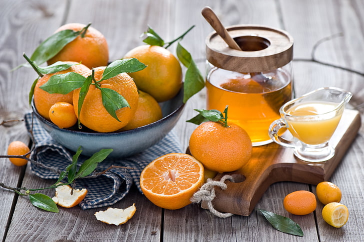 orange fruit, winter, leaves, juice, honey, dishes, fruit, still life, orange, citrus, peel, tangerines, Anna Verdina, kumquat, HD wallpaper