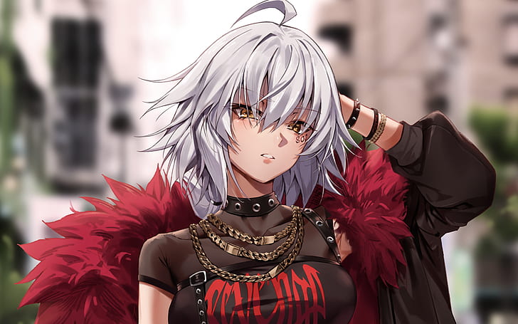Fate Series, Fate/Grand Order, Avenger (Fate/Grand Order), Girl, Jeanne d'Arc Alter, Necklace, Short Hair, White Hair, Yellow Eyes, HD wallpaper