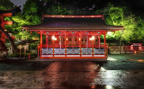 Red Temple In Kyoto, red and black gazebo, Asia, Japan, Lights, Night, Temple, kyoto, HD wallpaper HD wallpaper