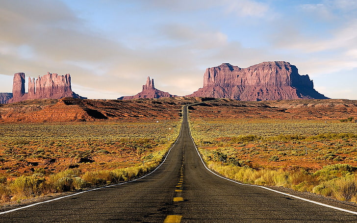 серая бетонная дорога, природа, пейзаж, пустыня, дорога, шоссе, Долина монументов, США, HD обои