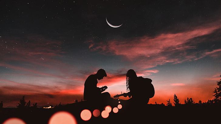 زوجين ، العزف على الجيتار ، صورة ظلية ، رومانسي ، نصف قمر ، 5K ، غروب الشمس، خلفية HD