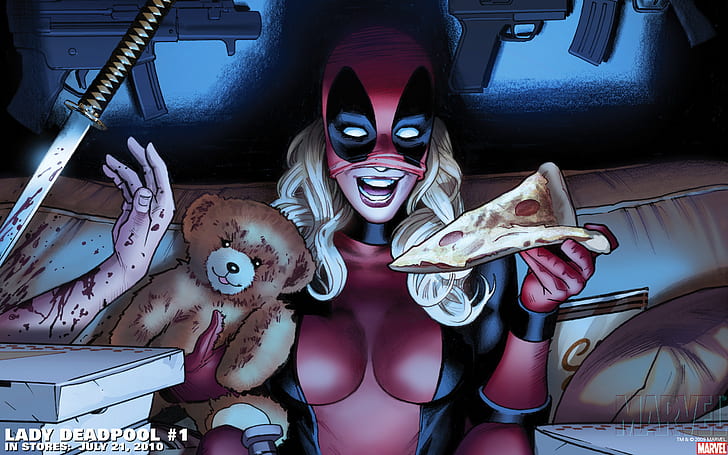 Lady Deadpool Marvel Pizza Teddy Bear HD, cartoon/comic, marvel, deadpool, bear, lady, teddy, pizza, HD wallpaper