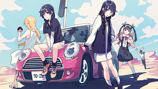 Anime, Anime Mädchen, Oshino Shinobu, Kanbaru Suruga, Senjougahara Hitagi, Hachikuji Mayoi, Araragi Koyomi, Monogatari-Serie, HD-Hintergrundbild HD wallpaper