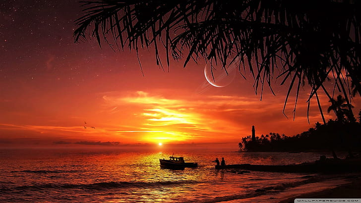 Fantasy Summer Sunset Beach, playa, pesca, puesta de sol, fantasía, 3d y abstracto, Fondo de pantalla HD