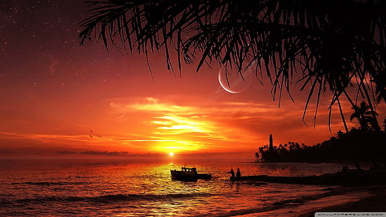 Fantasy Summer Sunset Beach, пляж, рыбалка, закат, фэнтези, 3d и абстрактные, HD обои HD wallpaper