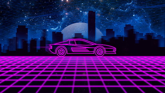 ilustração de carro rosa, synthwave, néon, Retrowave, Ferrari Testarossa, arte digital, New Retro Wave, OutRun, HD papel de parede HD wallpaper