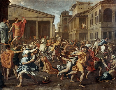 romersk målning, Paris, olja, bild, Louvren, duk, fransk målare, Nicolas Poussin, våldtäkten av Sabine-kvinnorna, HD tapet HD wallpaper