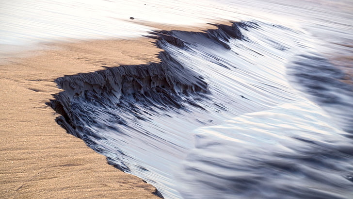 vague corporelle d'eau, formation de terre brune, mer, vagues, longue exposition, sable, Fond d'écran HD