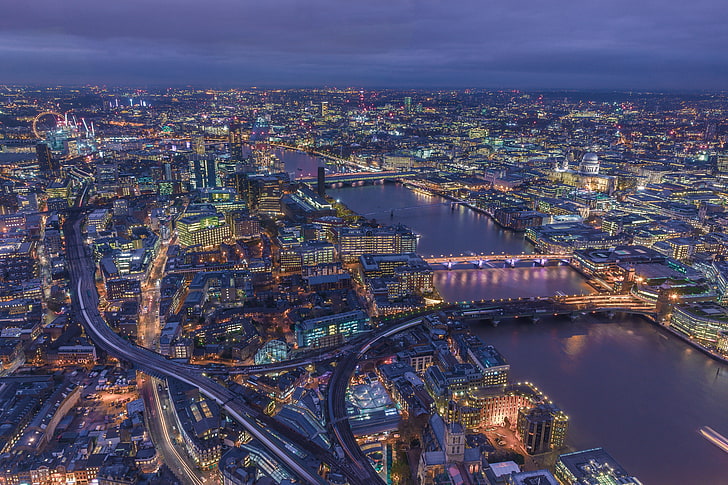 aerial photo of buildings, london, united kingdom, night city, top view, HD wallpaper