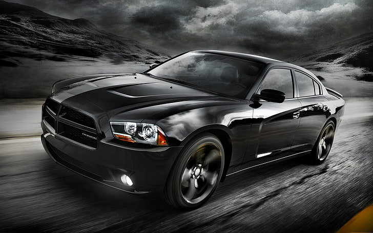 black Dodge Charger coupe, road, the sky, clouds, black, 2012, Dodge, charger, the front, Blacktop, version, special, HD wallpaper