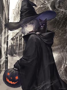 аниме девушки, портретный дисплей, хеллоуин, темный фон, ведьма, HD обои HD wallpaper
