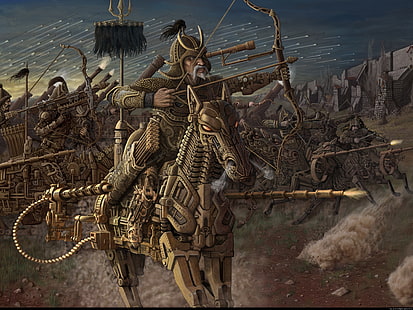 Samural med robothästillustration, forntida, gammal, krigare, häst, fantasikonst, vapen, maskin, pilar, krig, byggnad, soldat, båge, mongoler, rök, vägg, HD tapet HD wallpaper